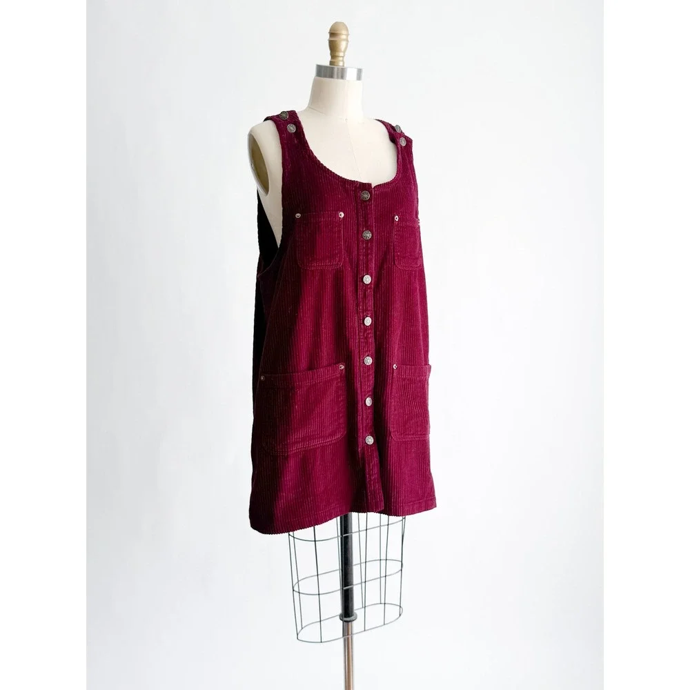 Basic Editions Corduroy Jumper Dress Vintage Pinafore Large Burgundy Button Up